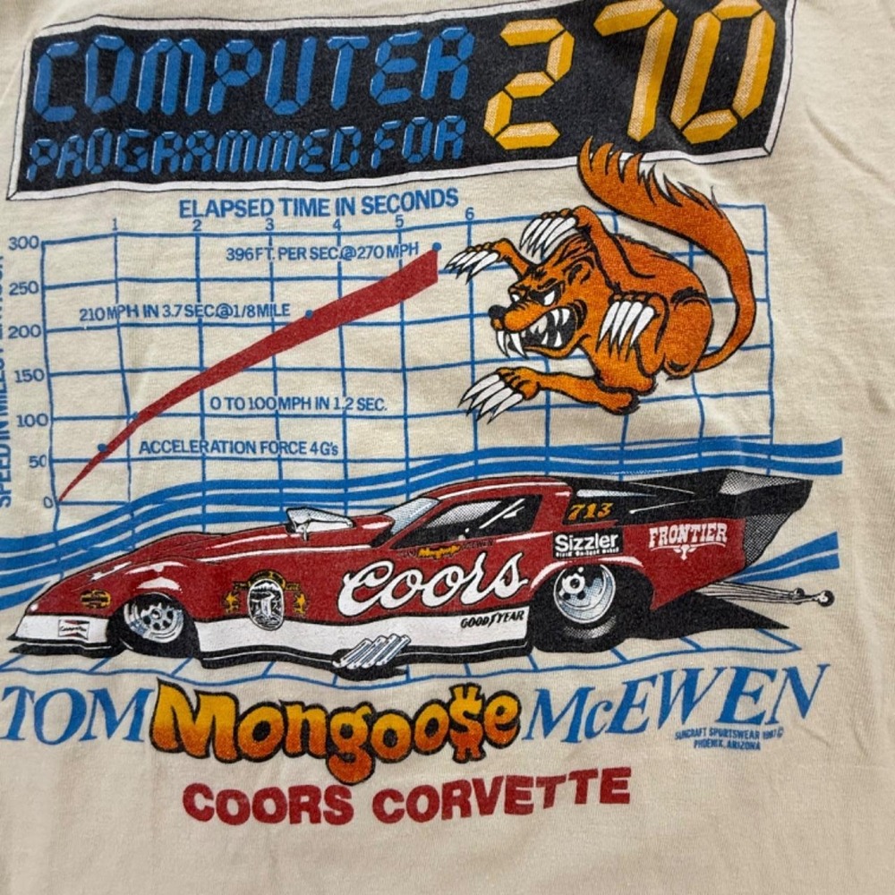 Vintage 80s Tom The Mongoose McEwen Coors Corvette Drag Racing Tee White Mens - Picture 4 of 6